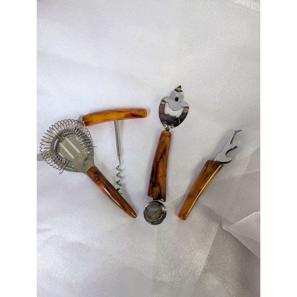 Vintage Bakelite 4‎ piece Barware Set Cocktail Strainer Corkscrew Bottle Opener